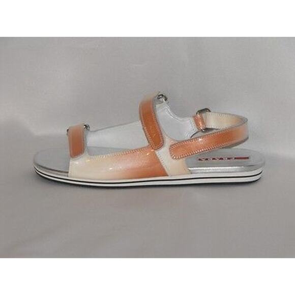 NIB PRADA PATENT OMBRE LEATHER FLATS TWO TONES GLADIATOR LOGO SANDALS 38.5 - Picture 3 of 5